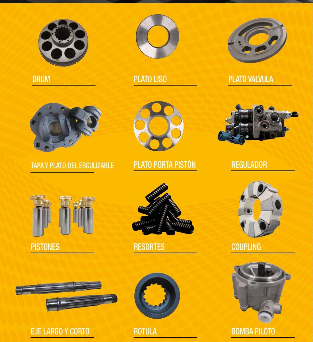 Componentes de bombas hidráulicas: drum, platos, pistones, resortes, coupling, bomba piloto